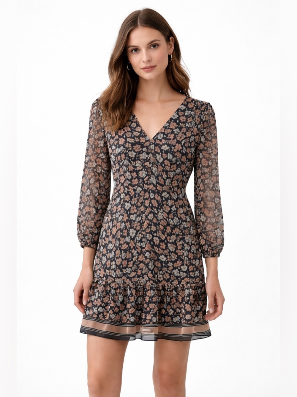 Club Monaco Silk Floral V-Neck Mini Dress Sheer Long Sleeve Ruffle Hem Boho Chic